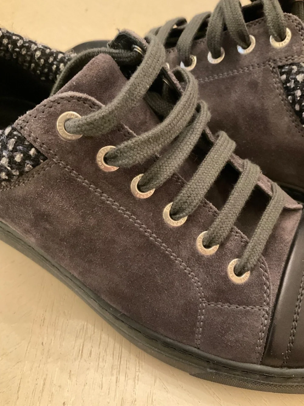 CHANEL Grey Gray Black Suede Tweed Low Top Lace Up Sneaker Shoes 37.5